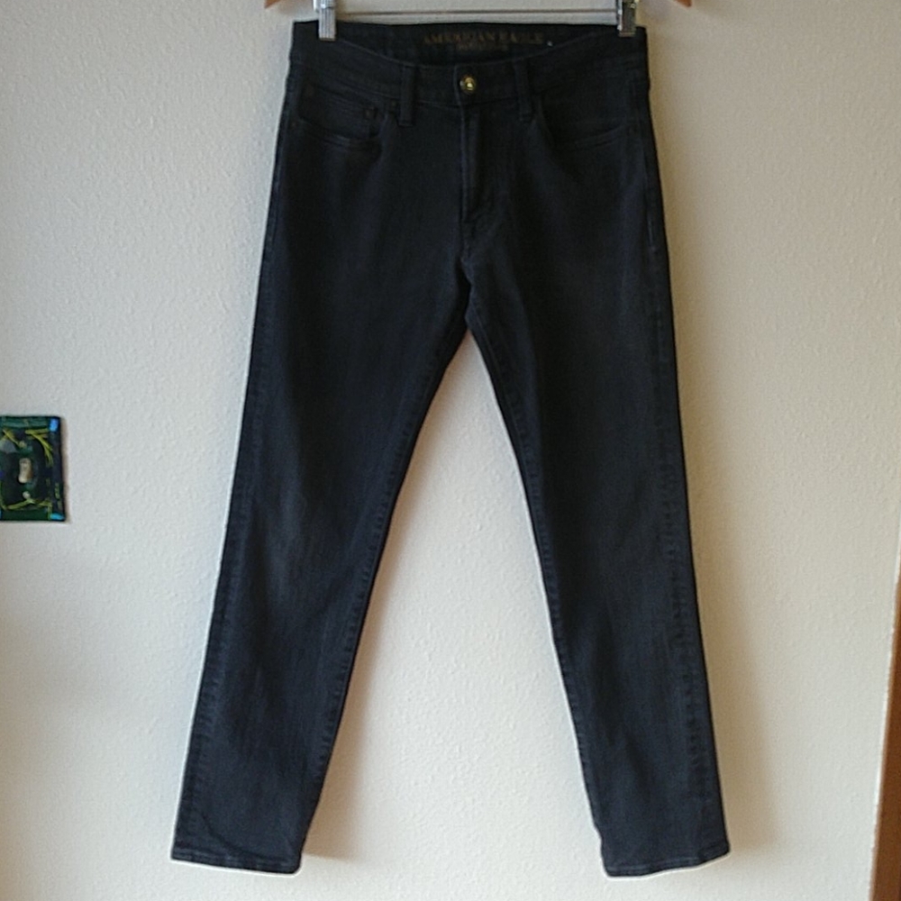 American Eagle Gray Black Denim Jeans Slim Straight Stretch 29x32
